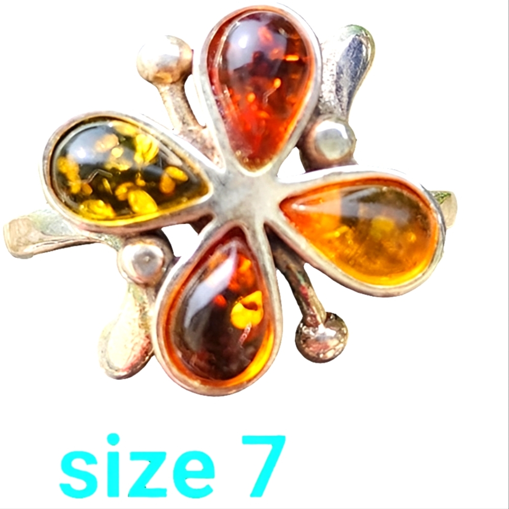 Vintage 925 Sterling Silver Multi Color Amber Butterfly Flower Ring Size 7.75